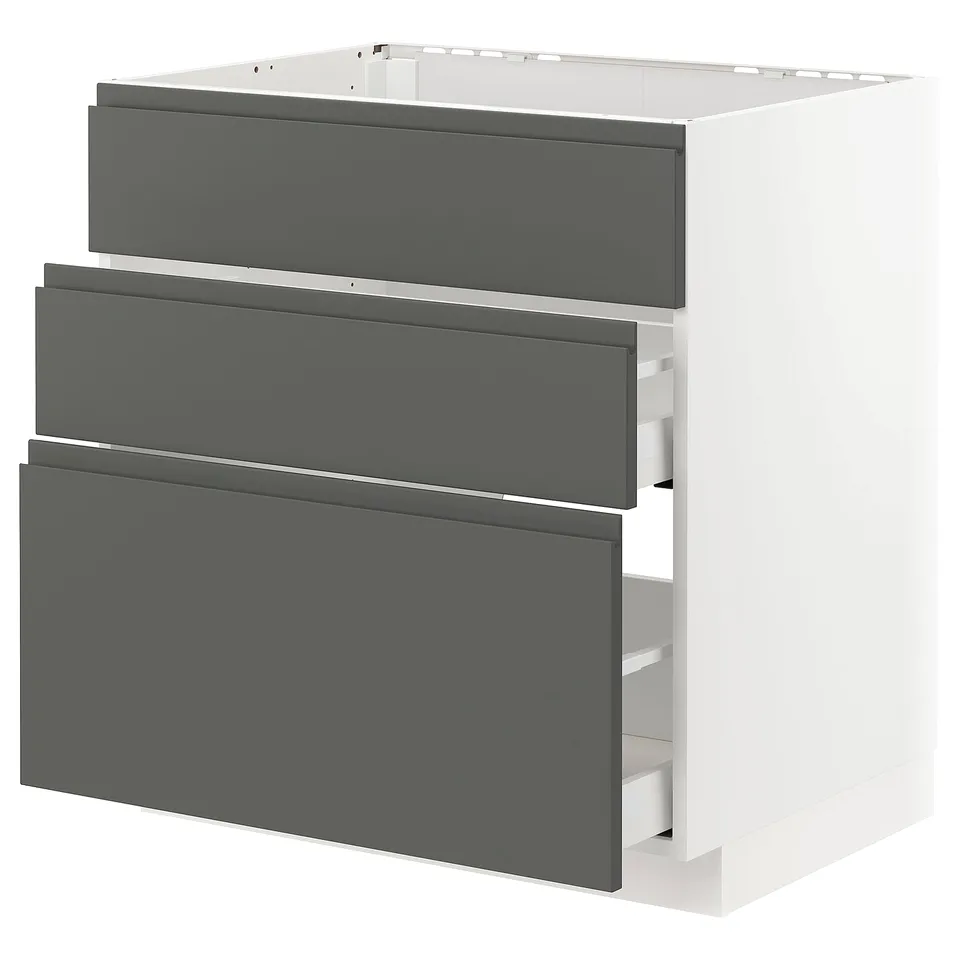 Modern dark grey METOD kitchen unit with three drawers, sleek design.