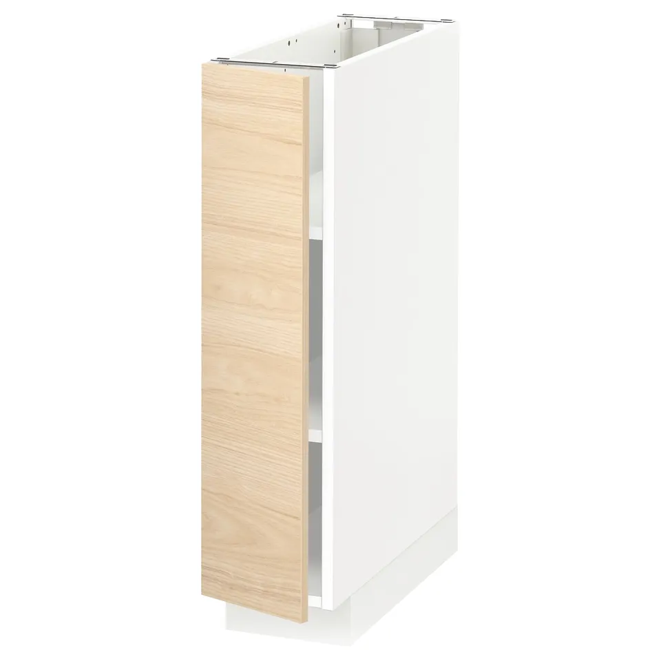 METOD white kitchen cabinet with light wood door, square, modern design.