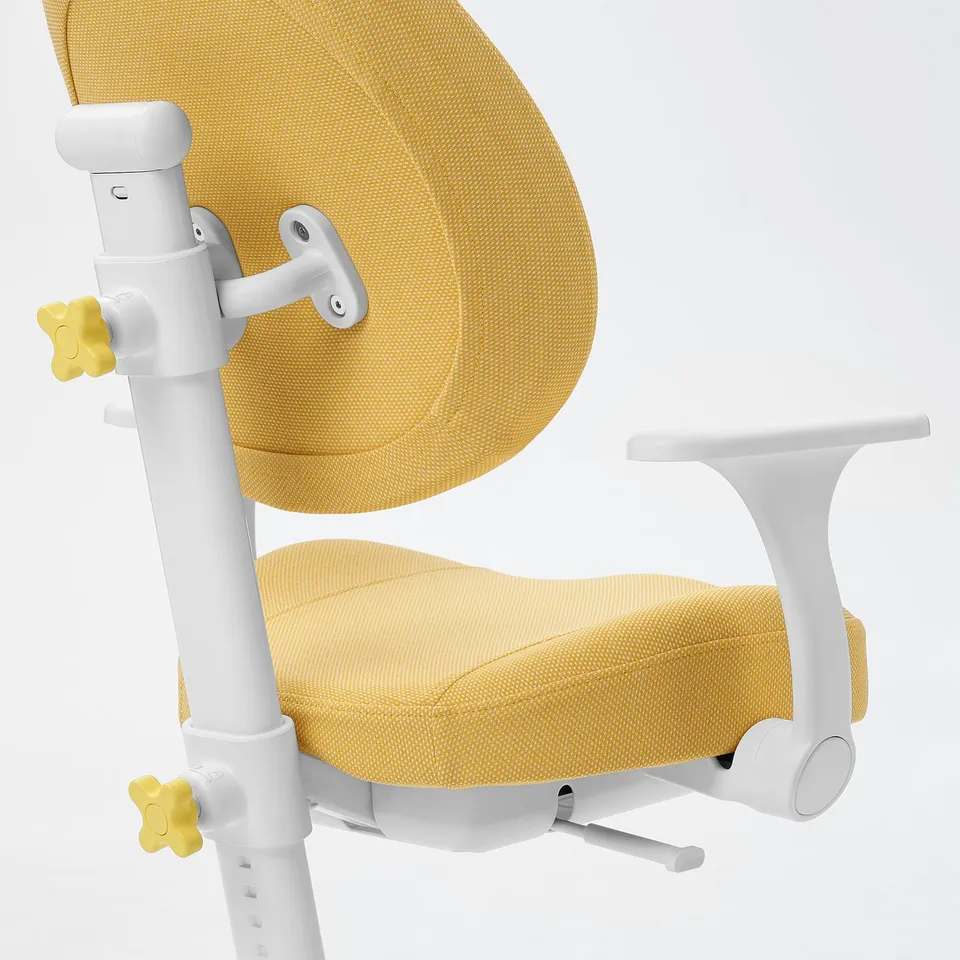 Adjustable yellow kids chair with white frame; sturdy, padded, ergonomic design.