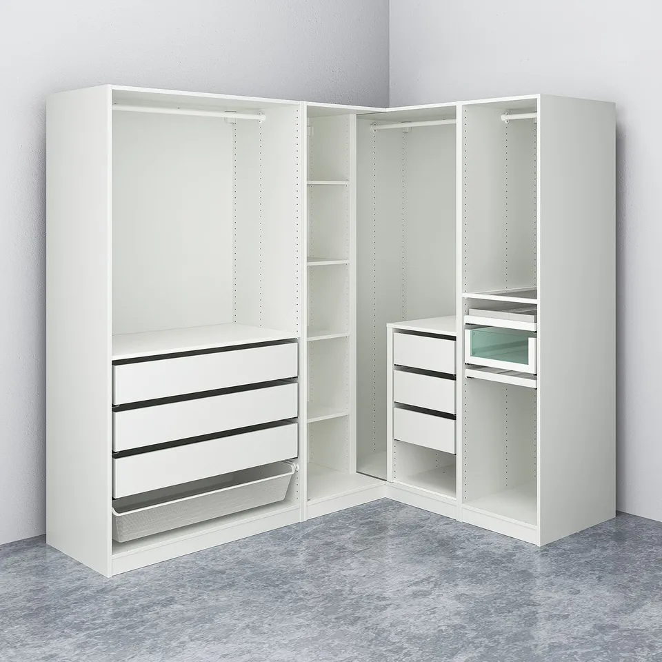 Corner wardrobe with adjustable shelves & drawers, mesh basket, 10-year guarantee