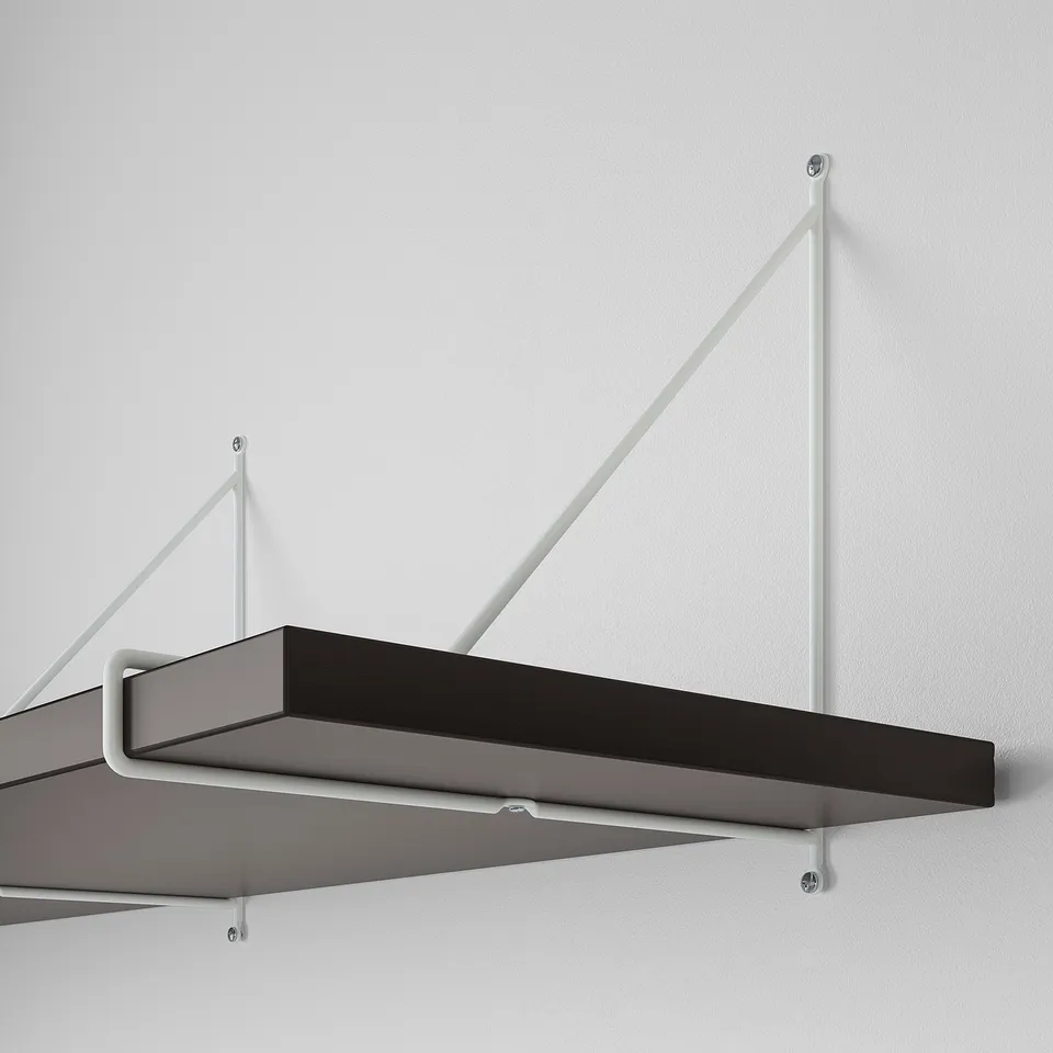 A modern wall-mounted shelf with sleek, minimalistic design. It a brown-black surface and sturdy white brackets, ensuring stability and style.