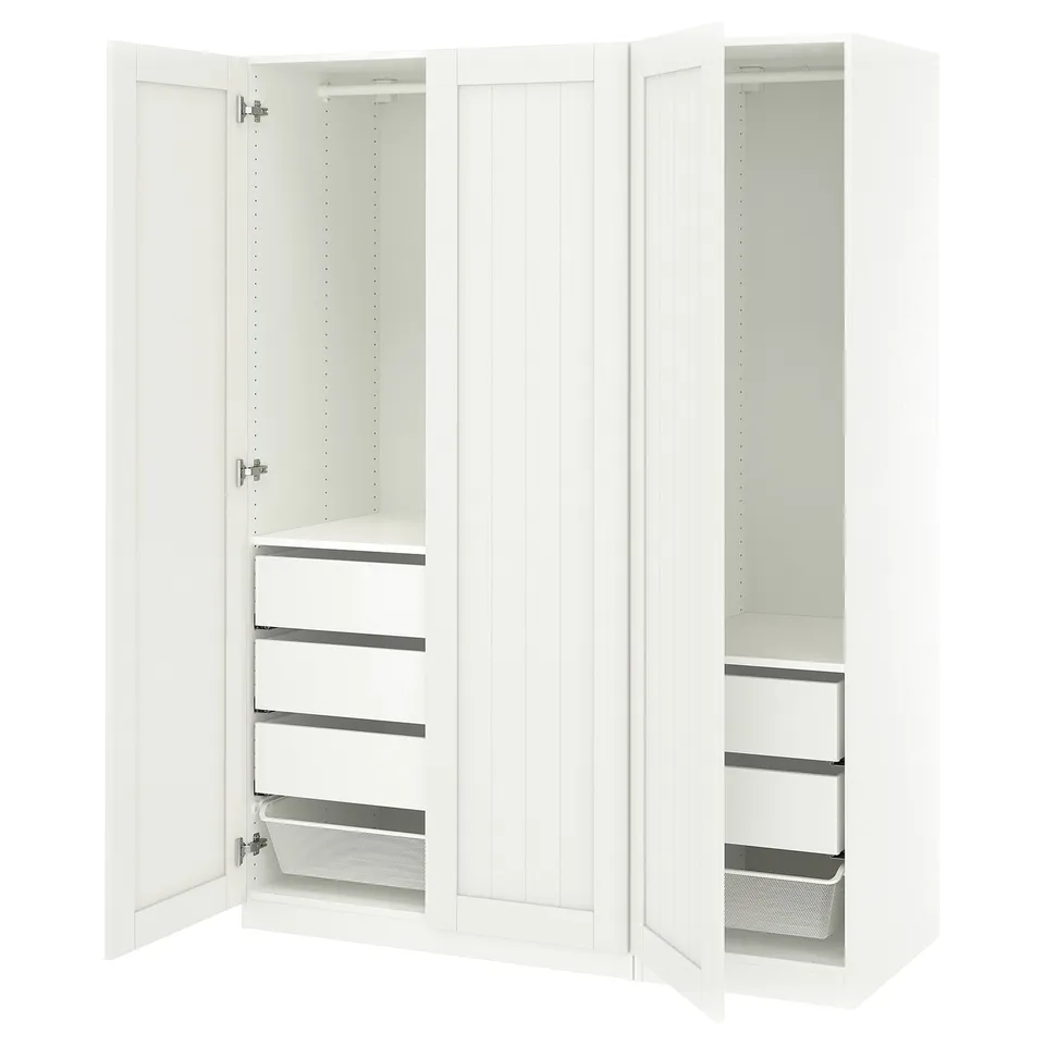 A white ikea PAX wardrobe. It two open sections with shelves and drawers.