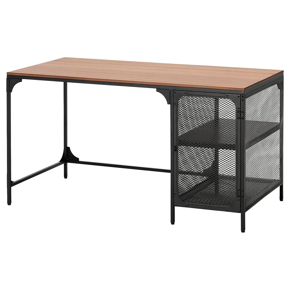 FJÄLLBO rustic wooden desk with industrial metal legs, featuring mesh storage, ideal for hobbies.
