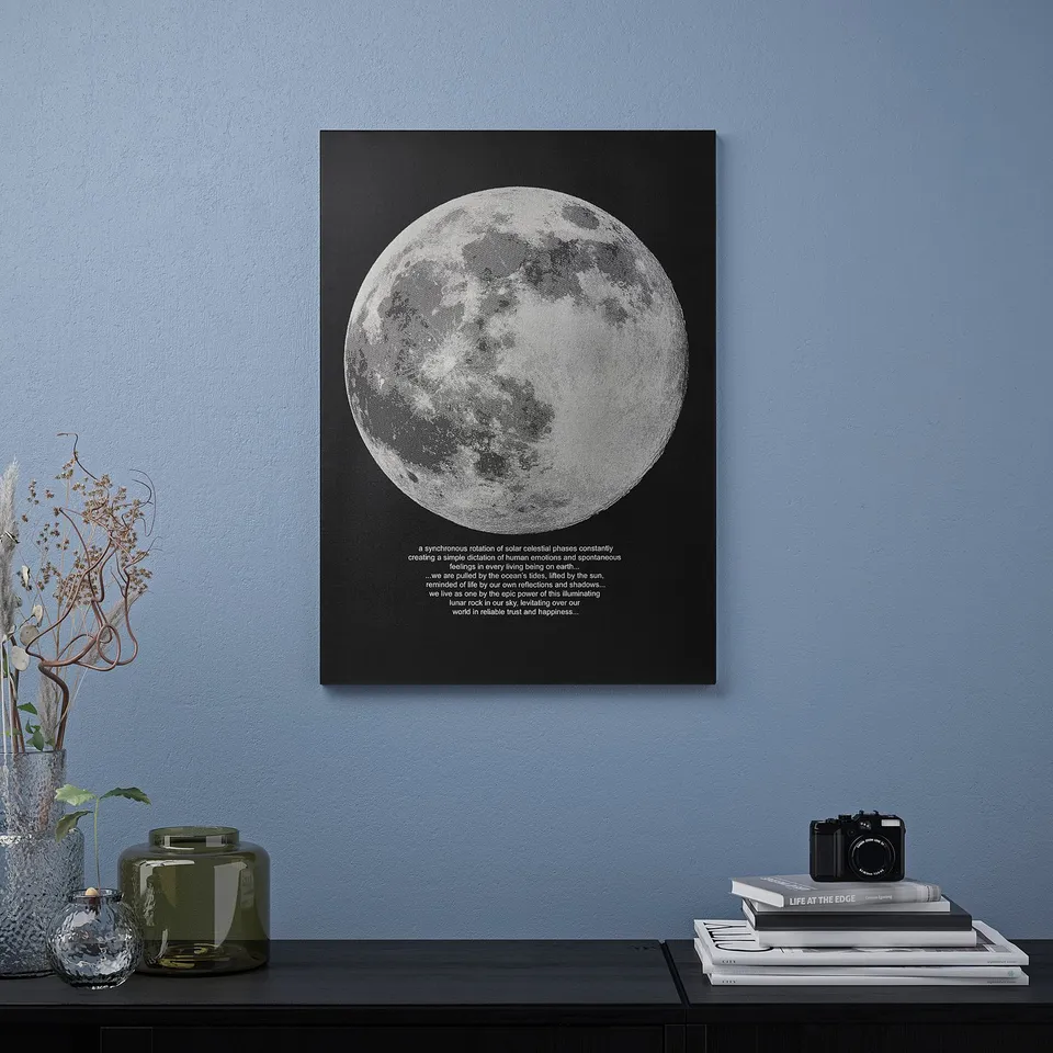 Wall art canvas hangs with moon print, styled on shelf with books and vase.