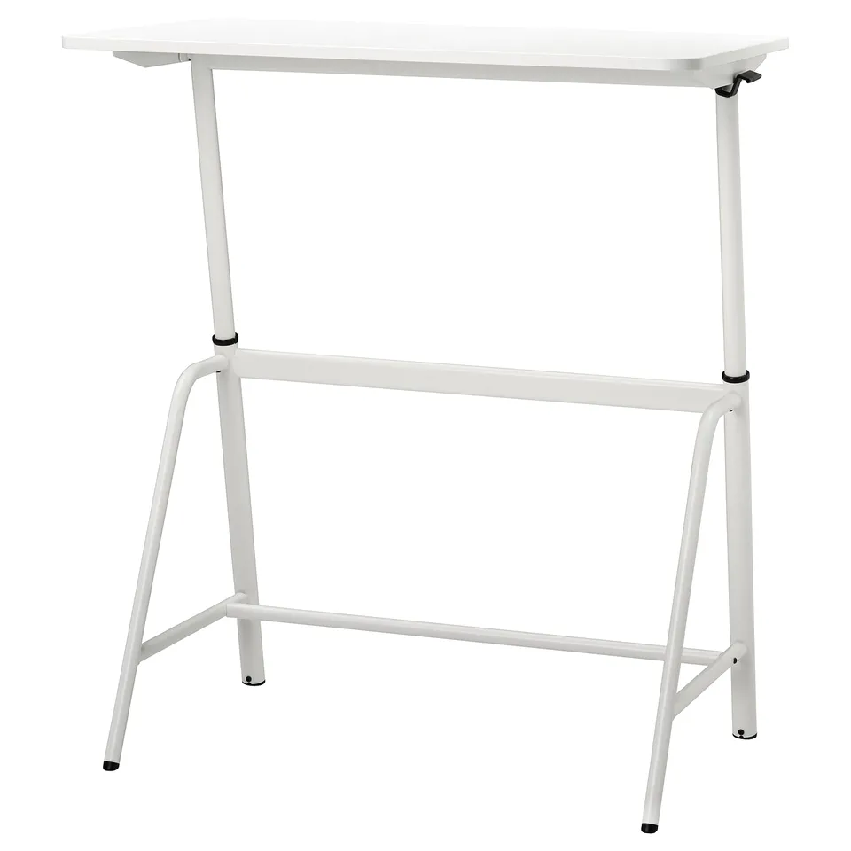 A GLADHÖJDEN sit-stand desk, white, with a rectangular tabletop and metal legs. It adjusts height for comfort.