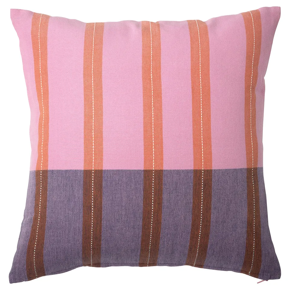 Handwoven MÄVINN pillow, pink and orange stripes, blue bottom, cotton.