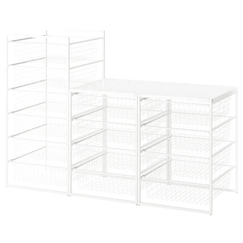 White JONAXEL metal storage shelves, multi-tiered design for bathroom or laundry use.
