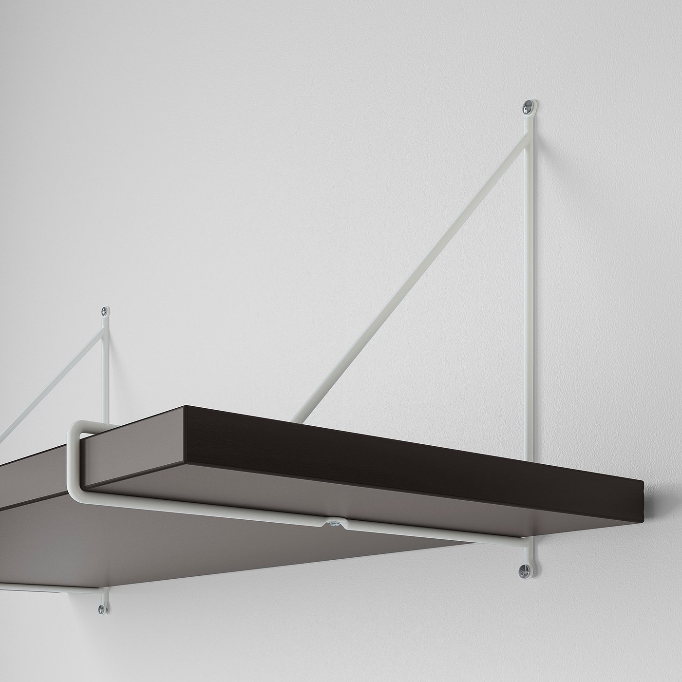 Black wall shelf mounted on white steel brackets, showcasing modern, minimalist design.
