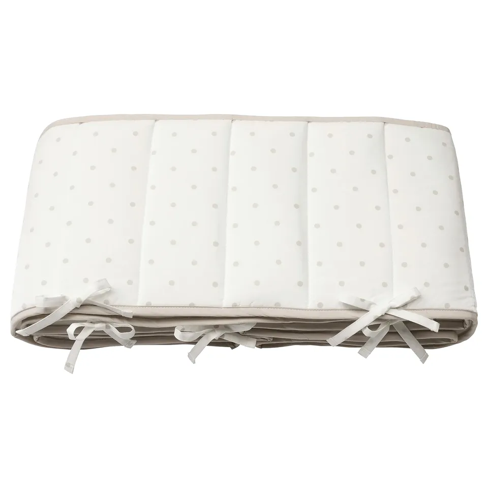 LENAST baby cot bumper, white with dots, soft padding, ribbons for secure fit.