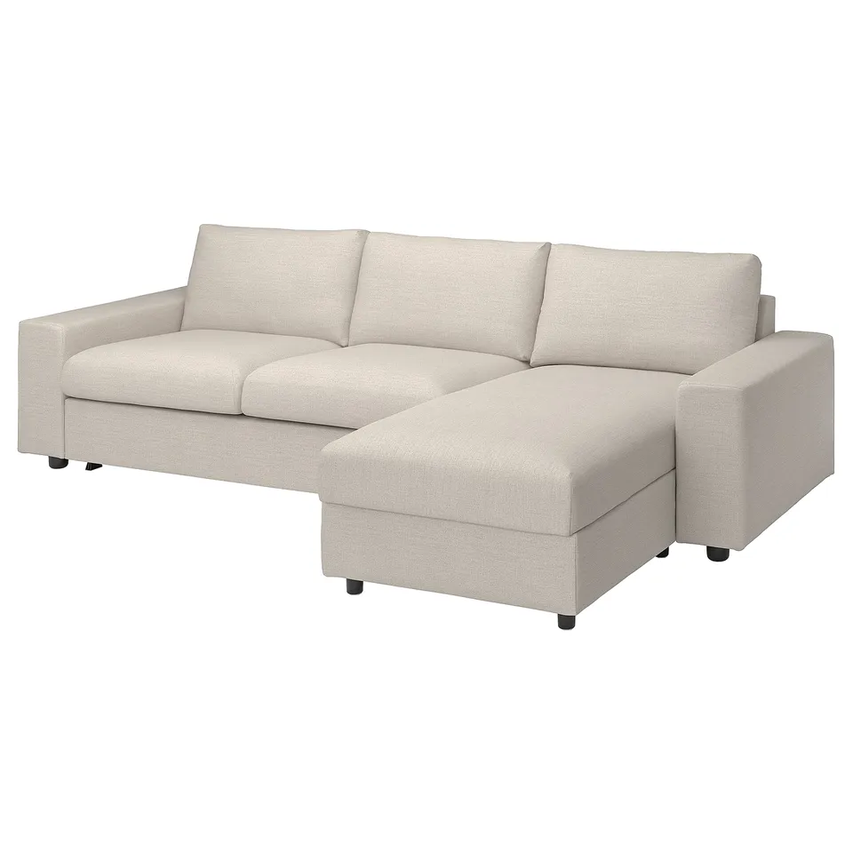 VIMLE beige l-shaped sofa-bed, light grey tweed, upholstered, modern minimalist, corner design.
