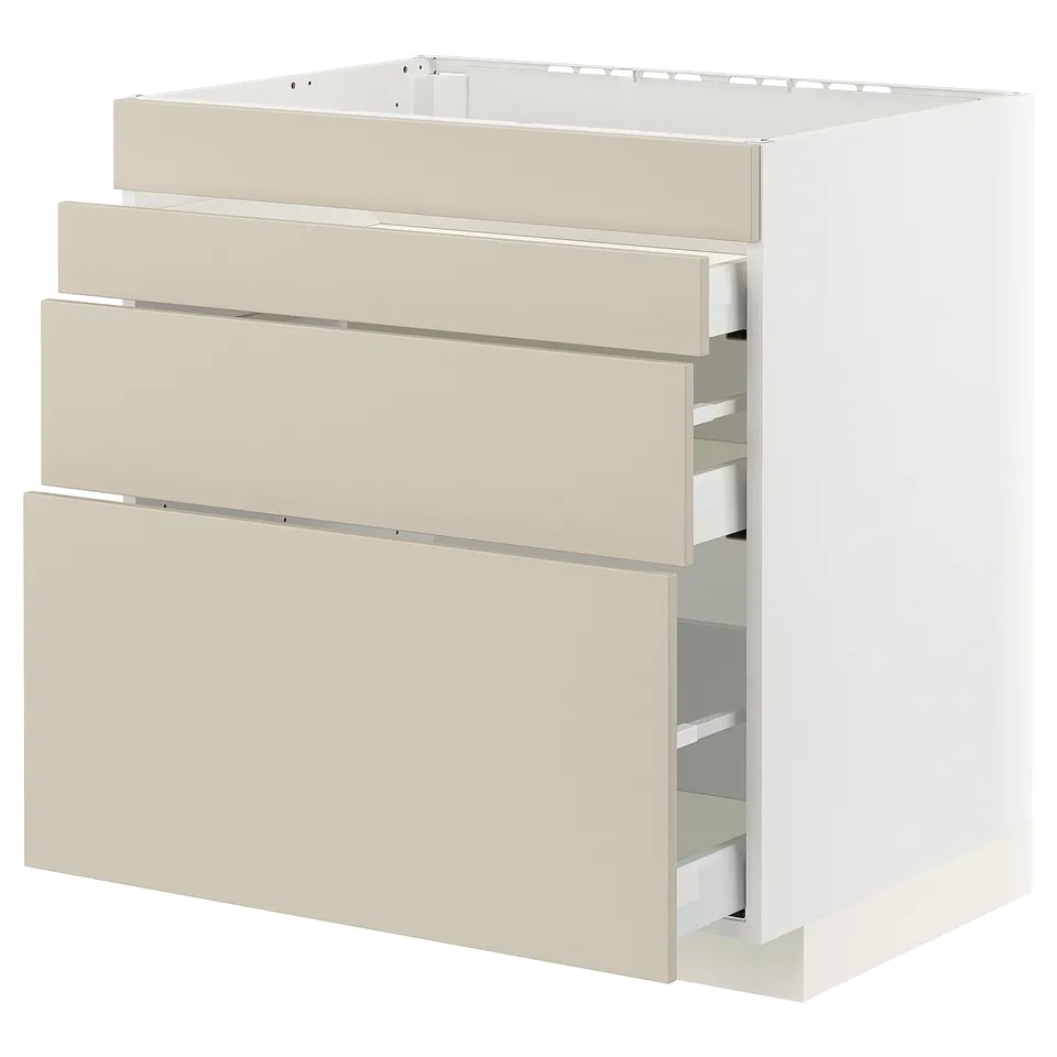 Beige METOD kitchen cabinet with smooth drawers, sleek minimalist design.