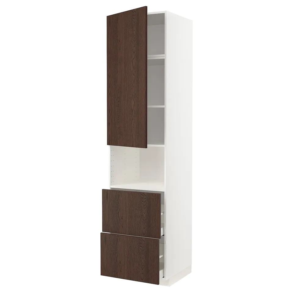 Modern white kitchen unit with dark brown wooden drawers and doors, sleek design.