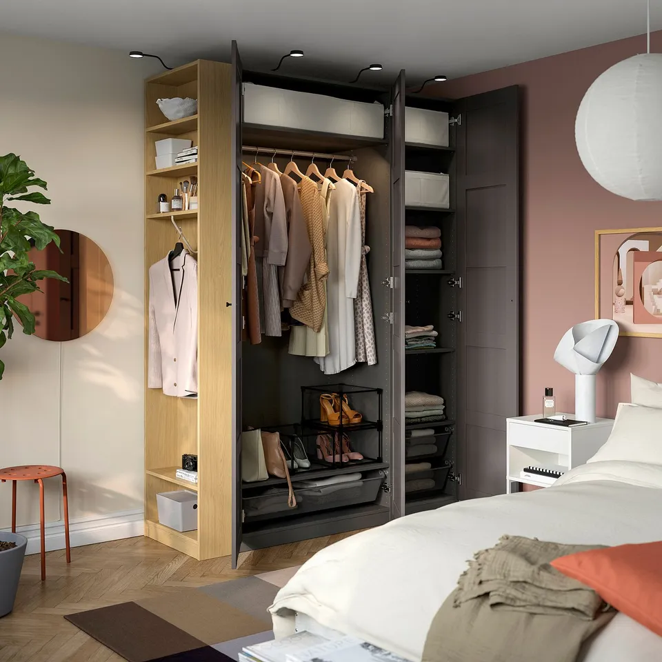 PAX / BERGSBO Wardrobe combination, dark grey dark grey/oak effect, 170x60x236 cm