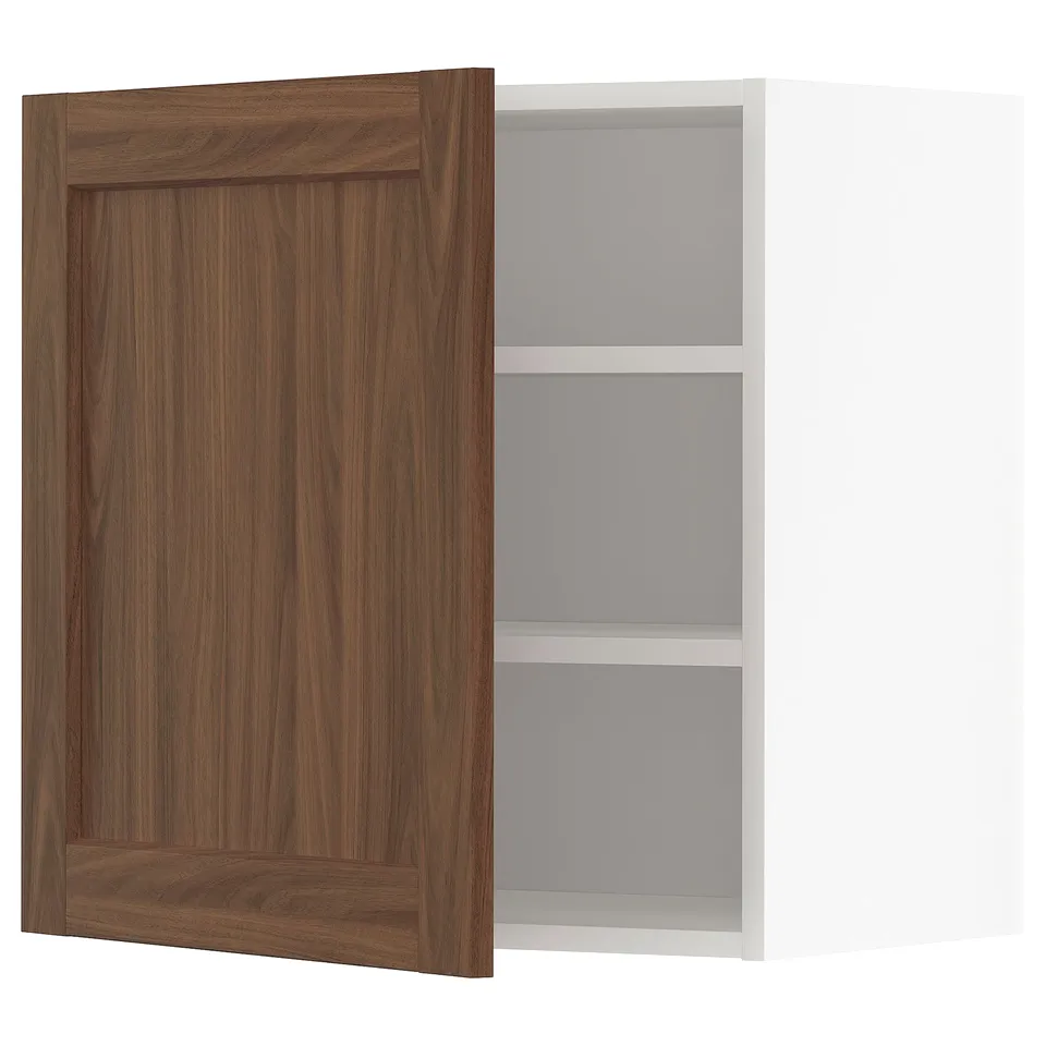 Dark walnut ikea METOD cabinet with 2 shelves, white interior.