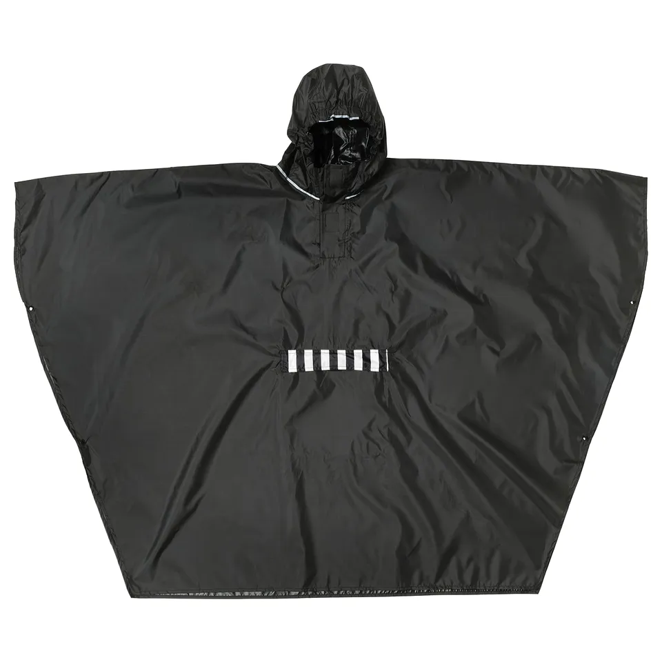 Black SALTSTEN poncho, large with hood, front pocket, folds into pocket, made of polyurethane and polyester.