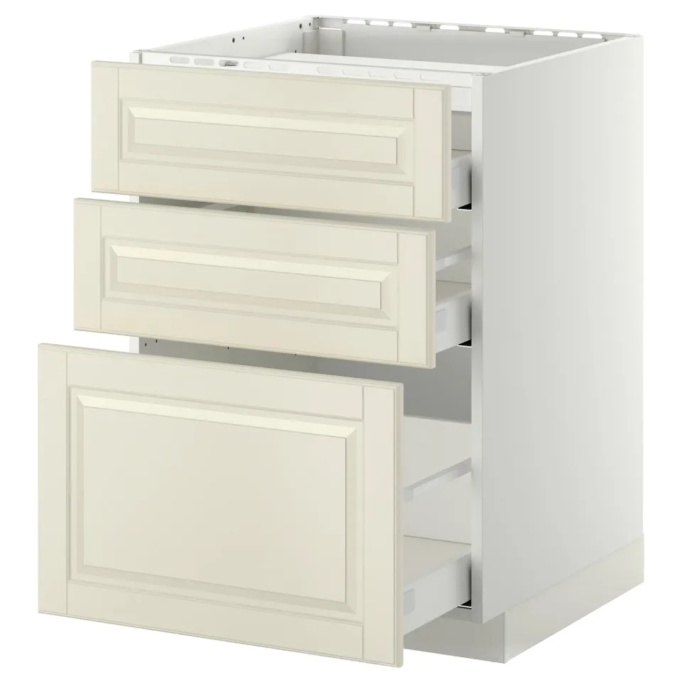 White METOD kitchen cabinet with three off-white bevelled drawers.