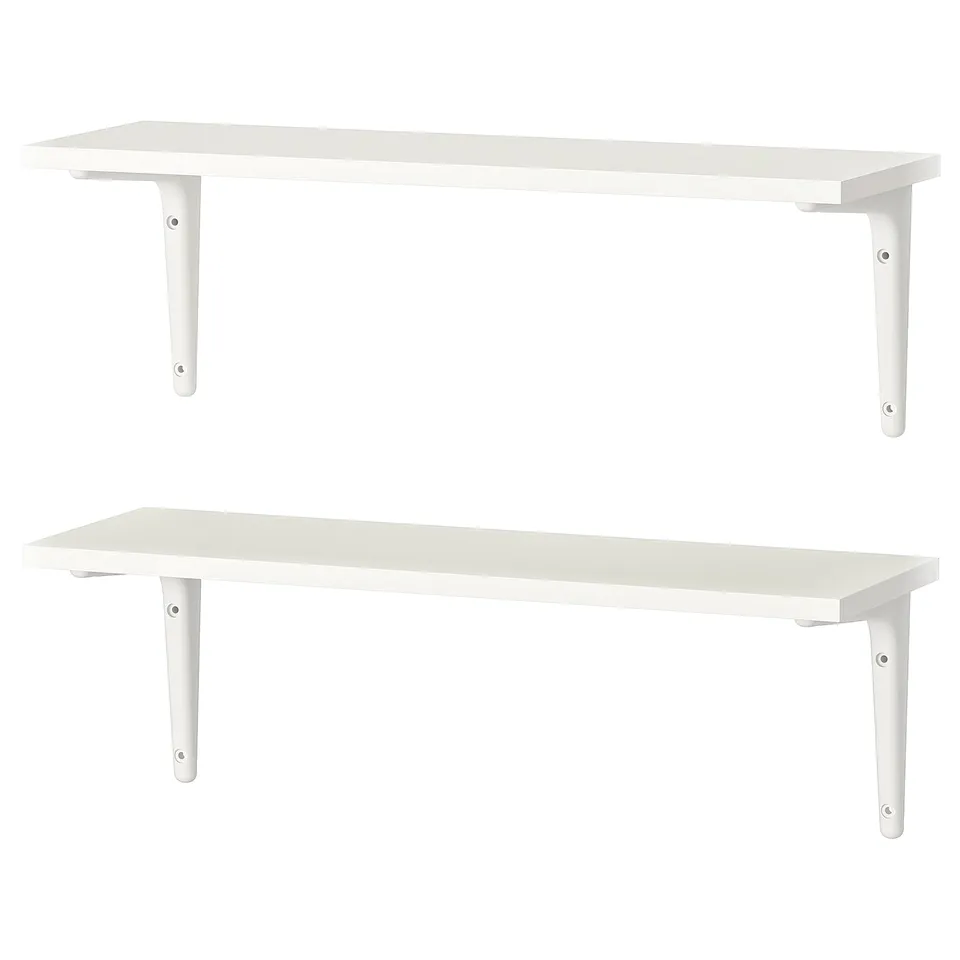 Two white wall-mounted shelves with metal brackets, simple and practical for storage and display.