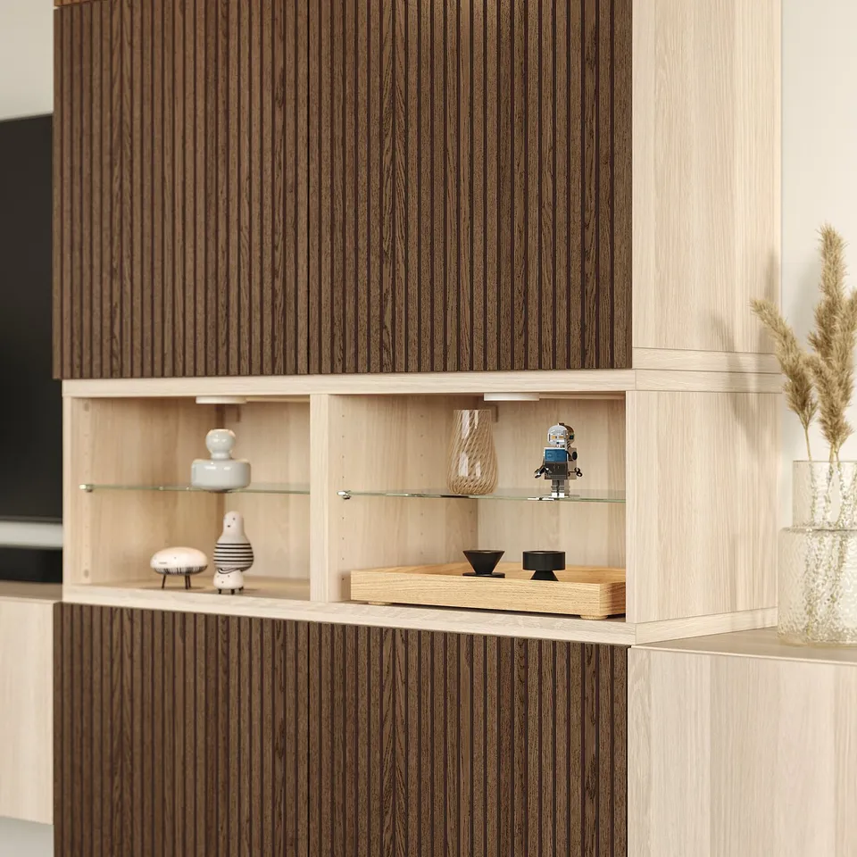 BESTÅ Media storage combination, white stained oak effect Lappviken/Björköviken brown, 360x42x231 cm