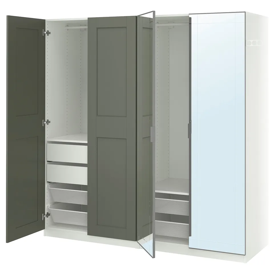 Muted green ikea PAX wardrobe with drawers, shelves, and hanging space.