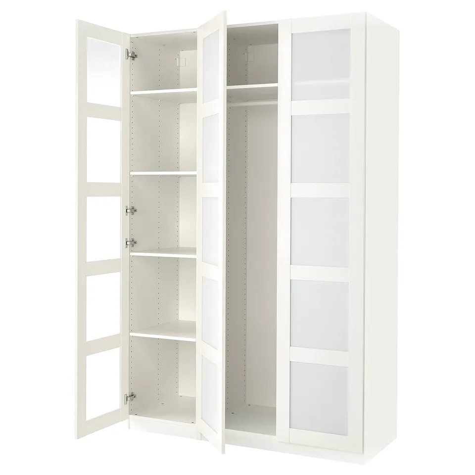 White PAX wardrobe with glass doors and multiple shelves.