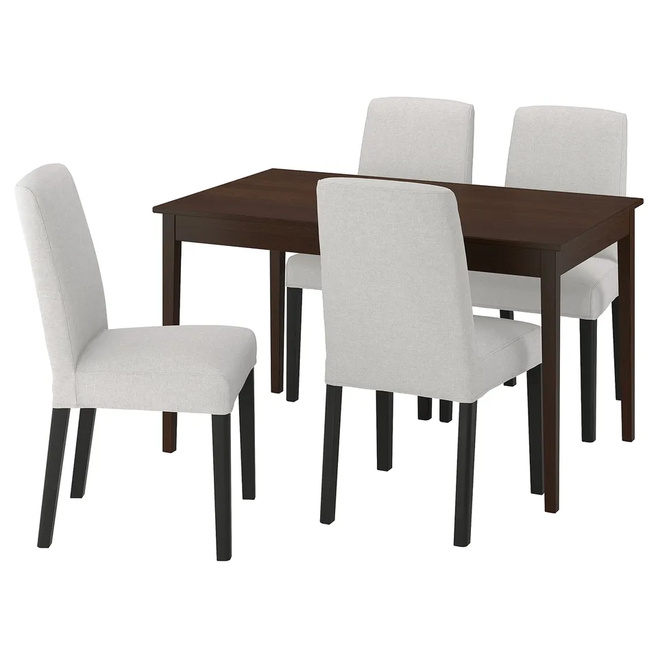 Dark wood square dining table with four light grey fabric chairs; modern, minimalist design.