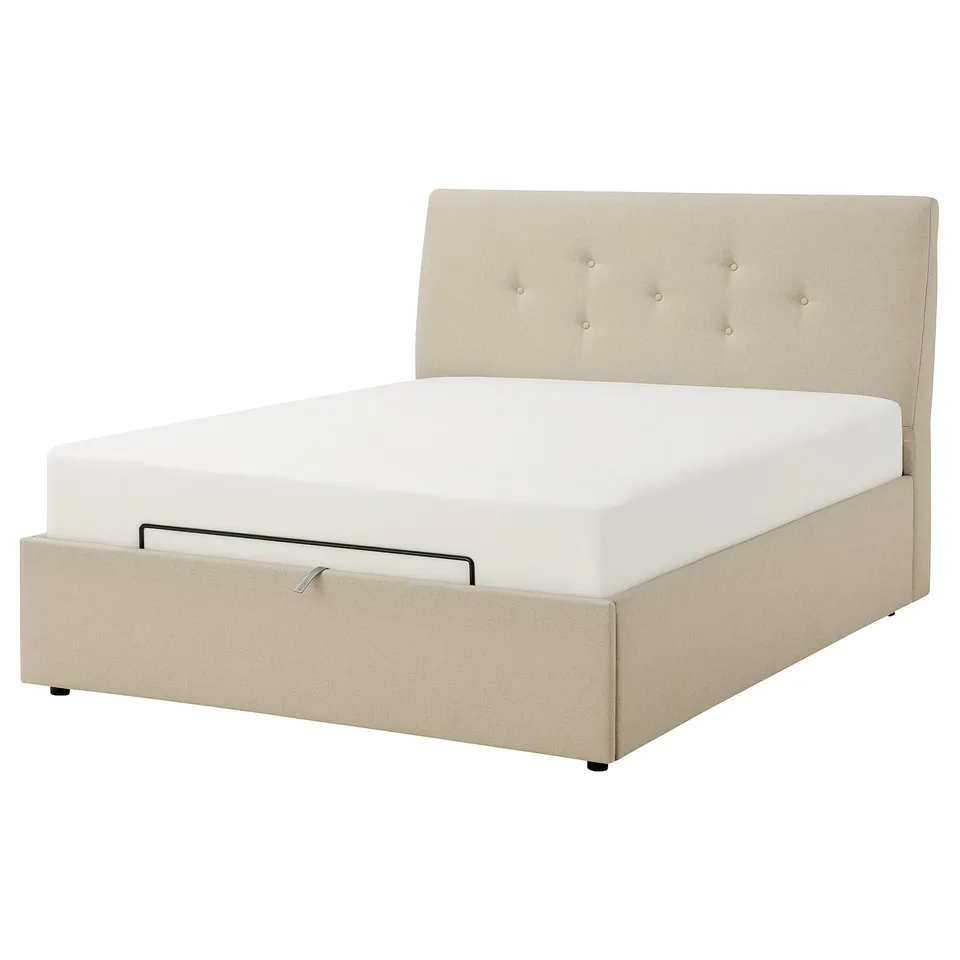 IDANÄS beige fabric bed with tufted headboard, offering storage, soft to touch.