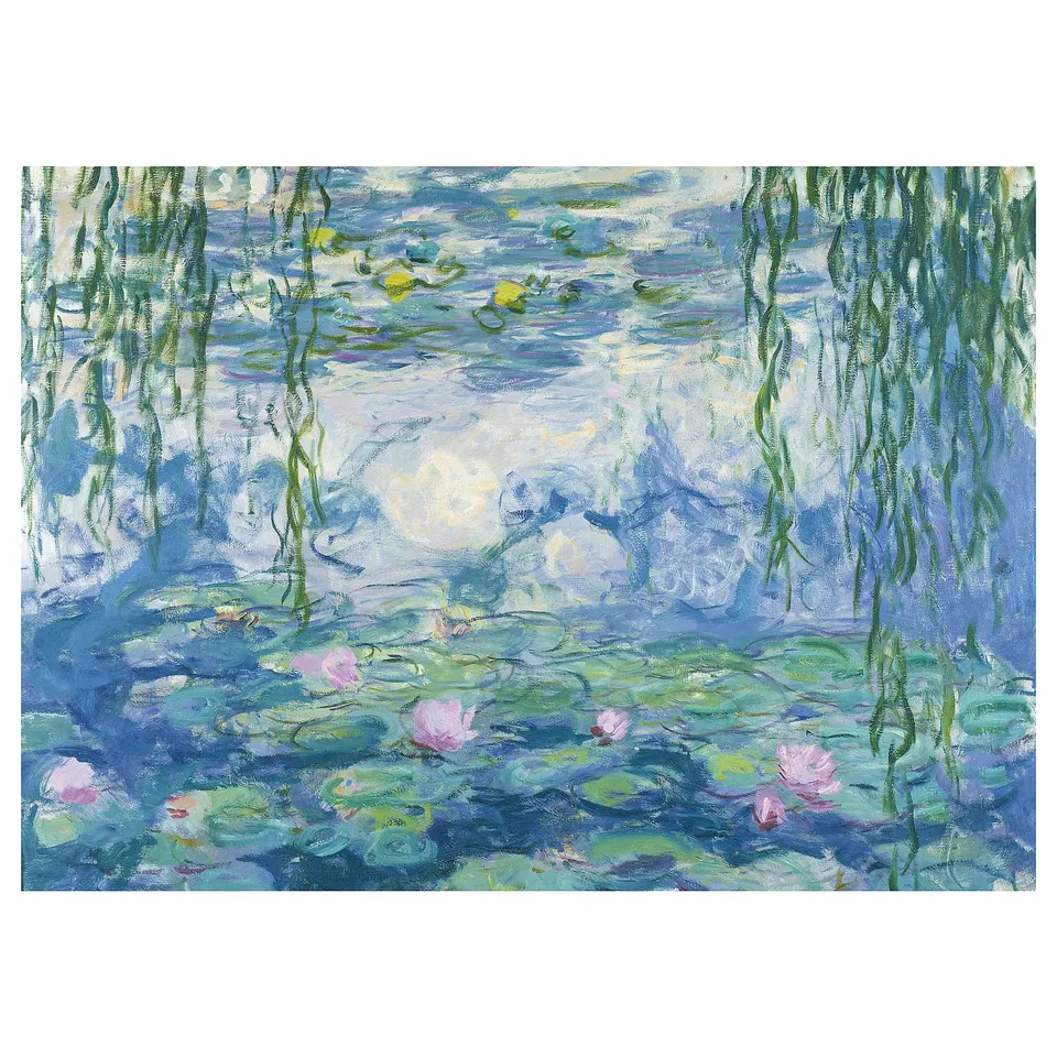 Monets water lilies painting on canvas print, vibrant colours, rectangular shape.