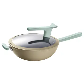 TRYCKARFISK wok with lid, non-stick coating light beige-green