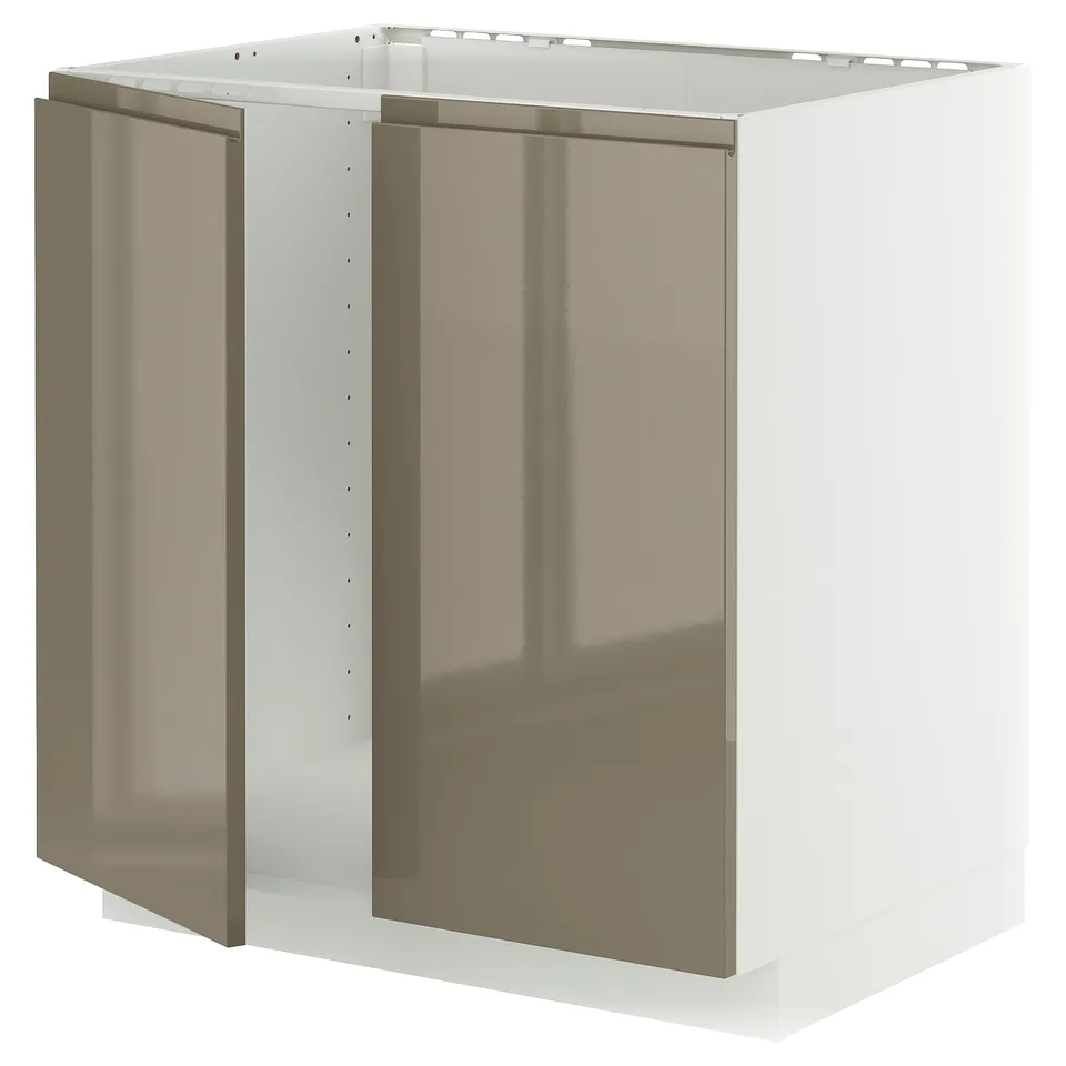 Modern kitchen cabinet, white frame with dark grey-brown glossy doors, stainless steel.