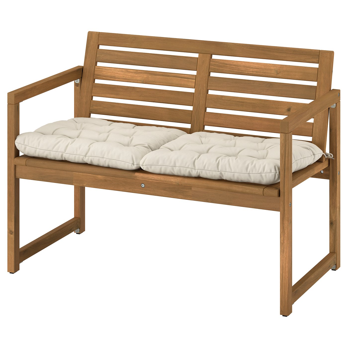 NÄMMARÖ Bench with backrest and cushions, light brown stained/Kuddarna light grey-beige