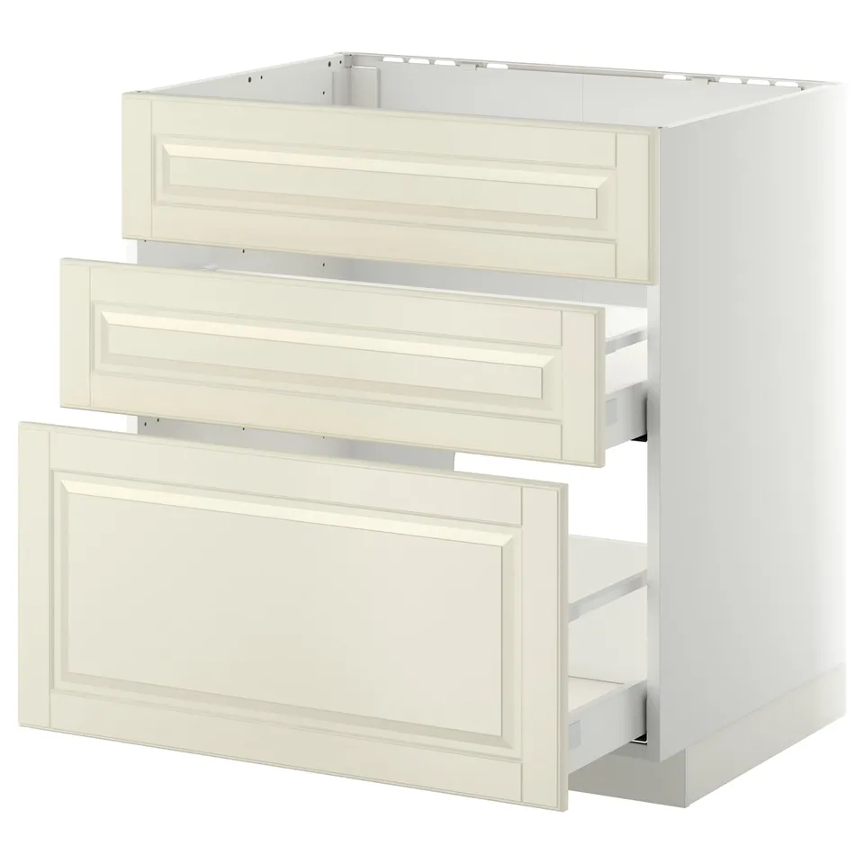 Modern kitchen cabinet, off-white, two drawers, one door open, smooth edges.