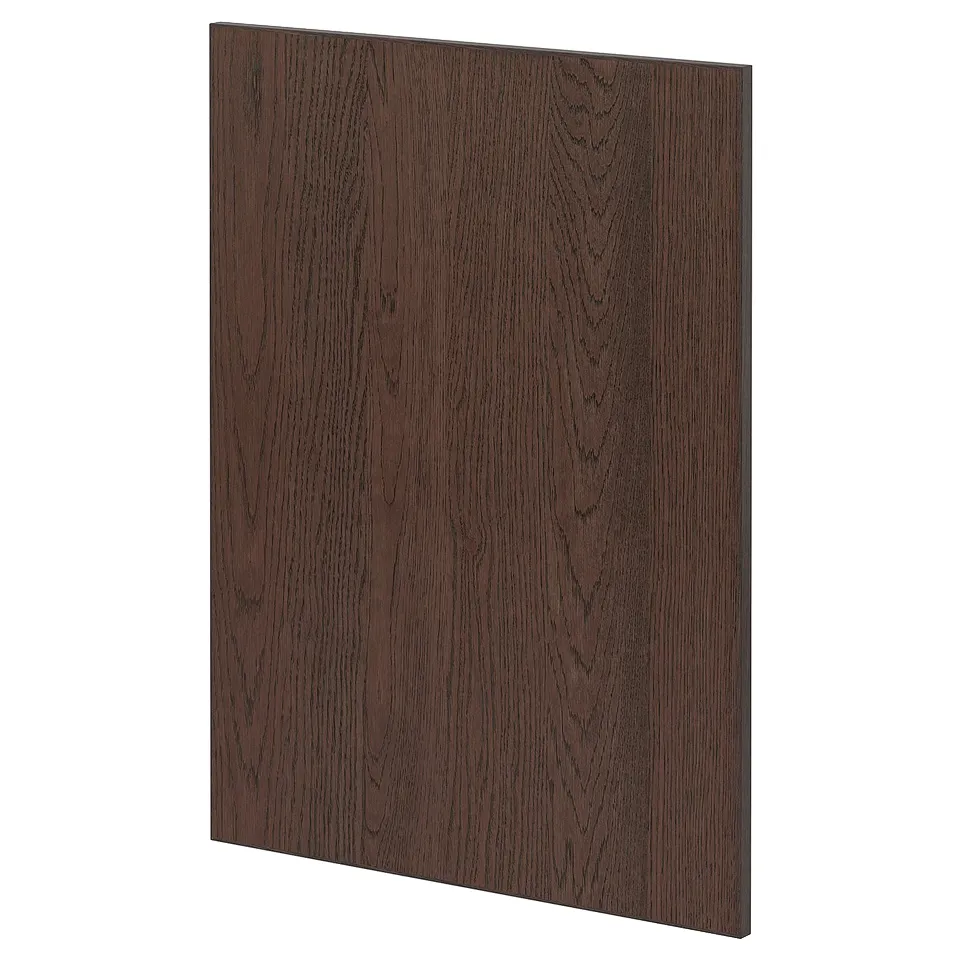 Dark brown wooden panel, smooth texture, rectangular shape.
