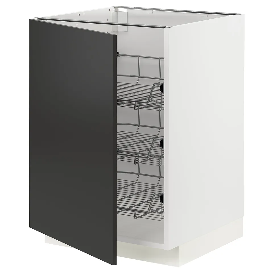 Modern kitchen cabinet, METOD series, white with black door, wire shelves, sleek design.