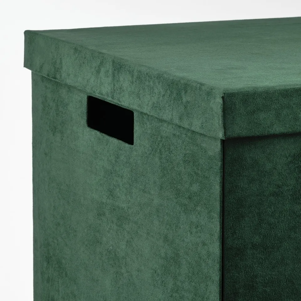 Green velvet storage box with handles, sturdy, fits shelves.