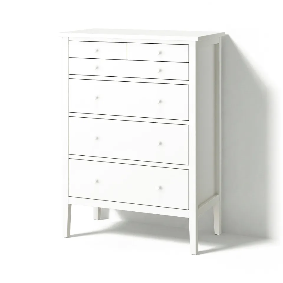 A white GULLABERG chest of drawers with six drawers. It has a traditional design with wooden knobs and tapered legs for stability and easy cleaning.