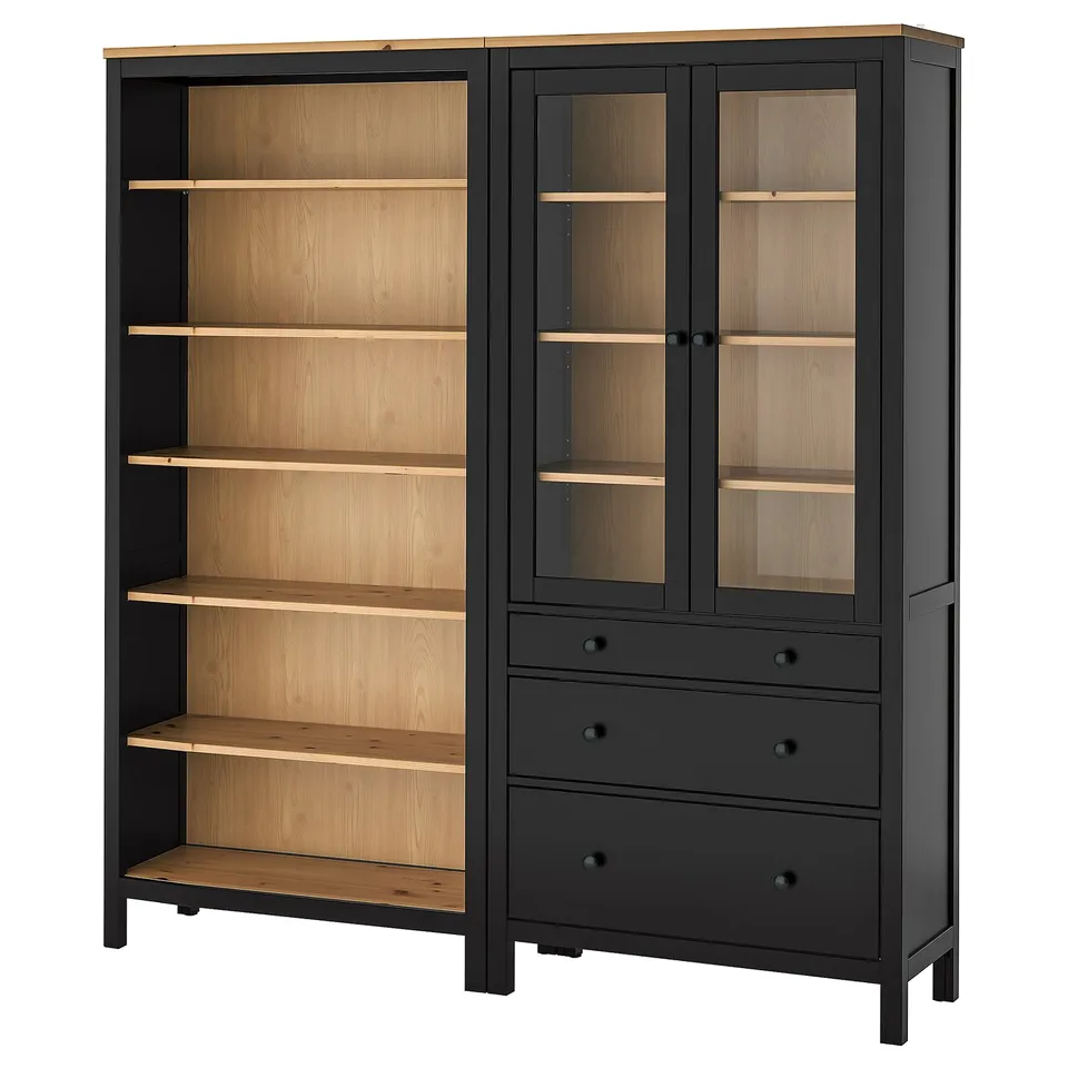 HEMNES Storage combination w doors/drawers, black-brown/light brown stained, 180x197 cm