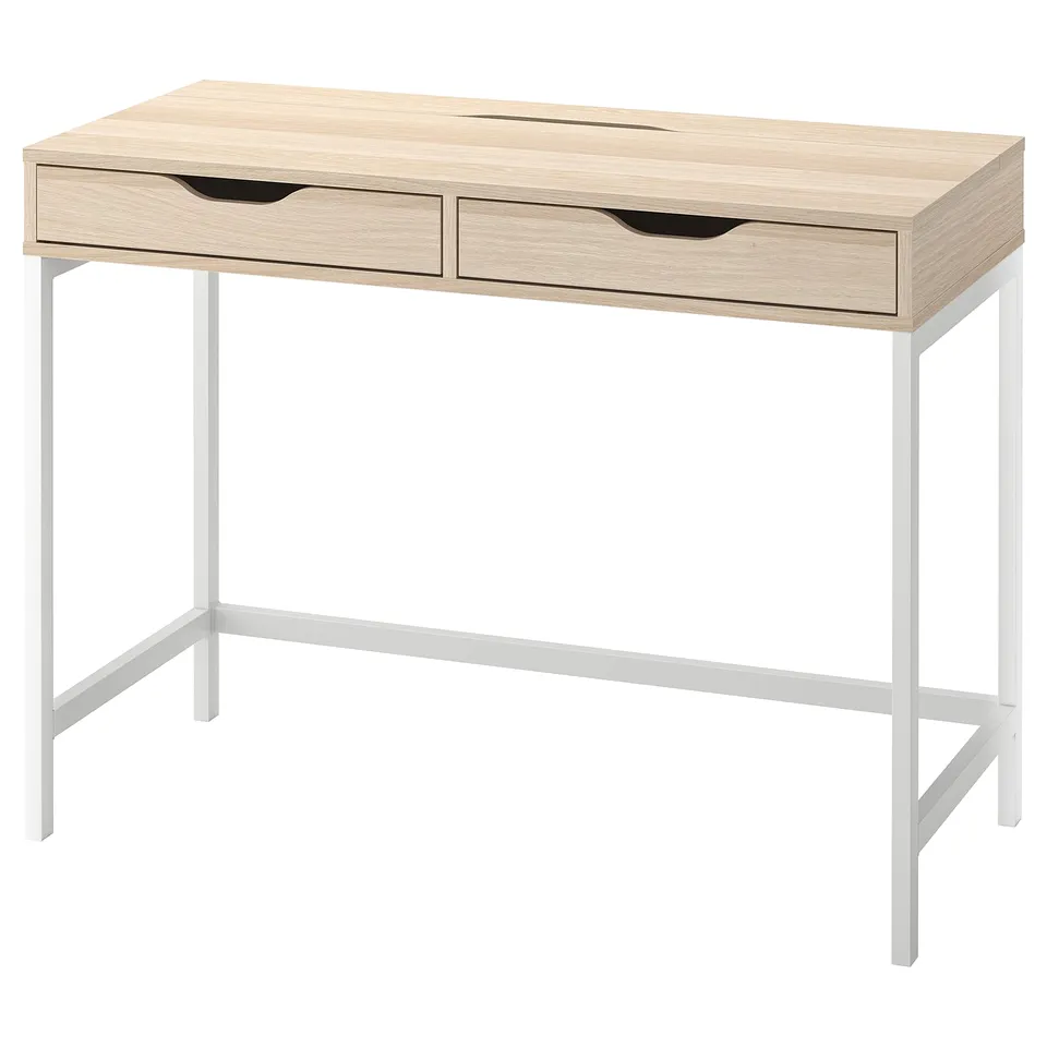 Minimalist ALEX desk in light oak. Two drawers with built-in cable management, sleek white metal legs, and a modern design. Ideal for compact spaces.