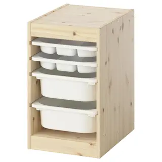 TROFAST storage combination with box/trays, light white stained pine/white, 32x44x53 cm