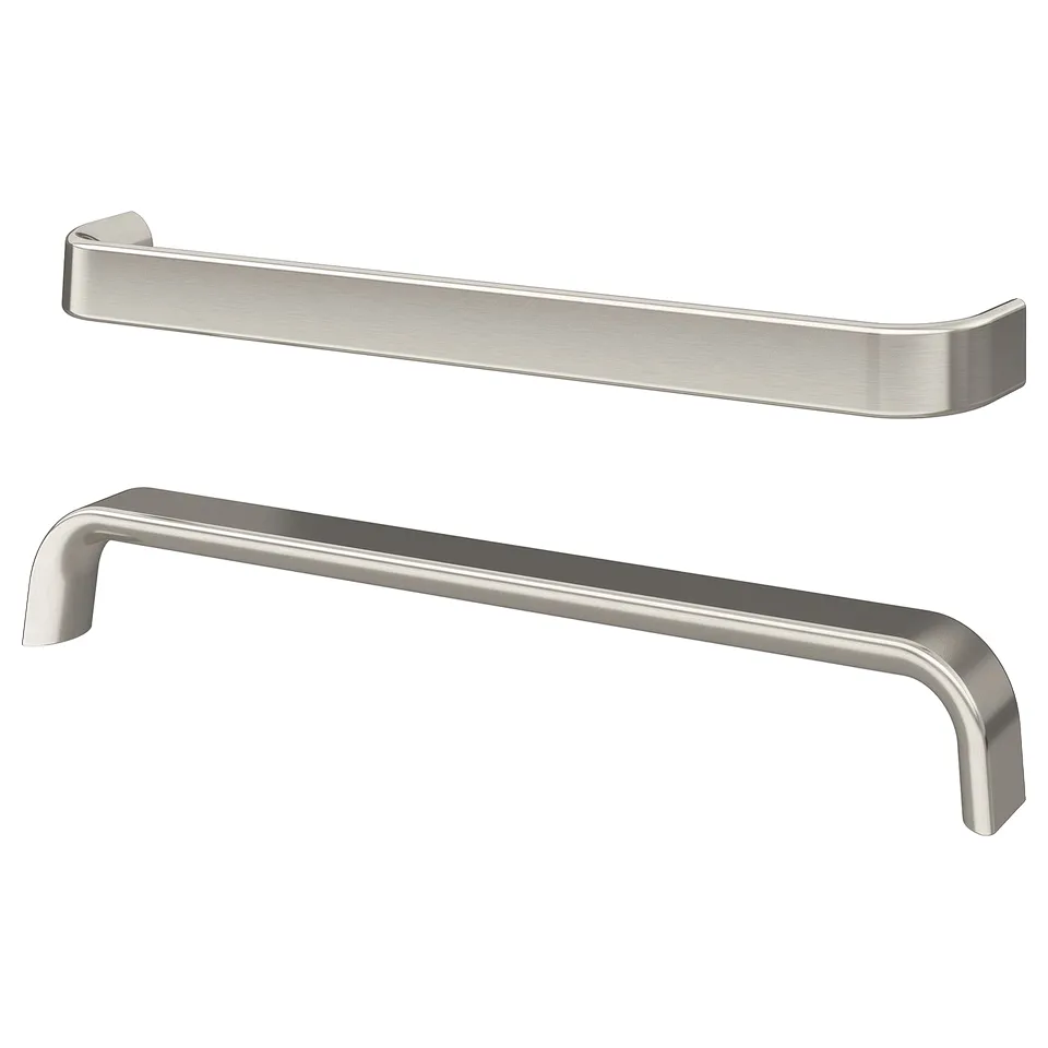 Two silver handles shown, one curved, one straight, smooth edges. Modern design, excellent grip. Aluminium with nickel-plated finish.