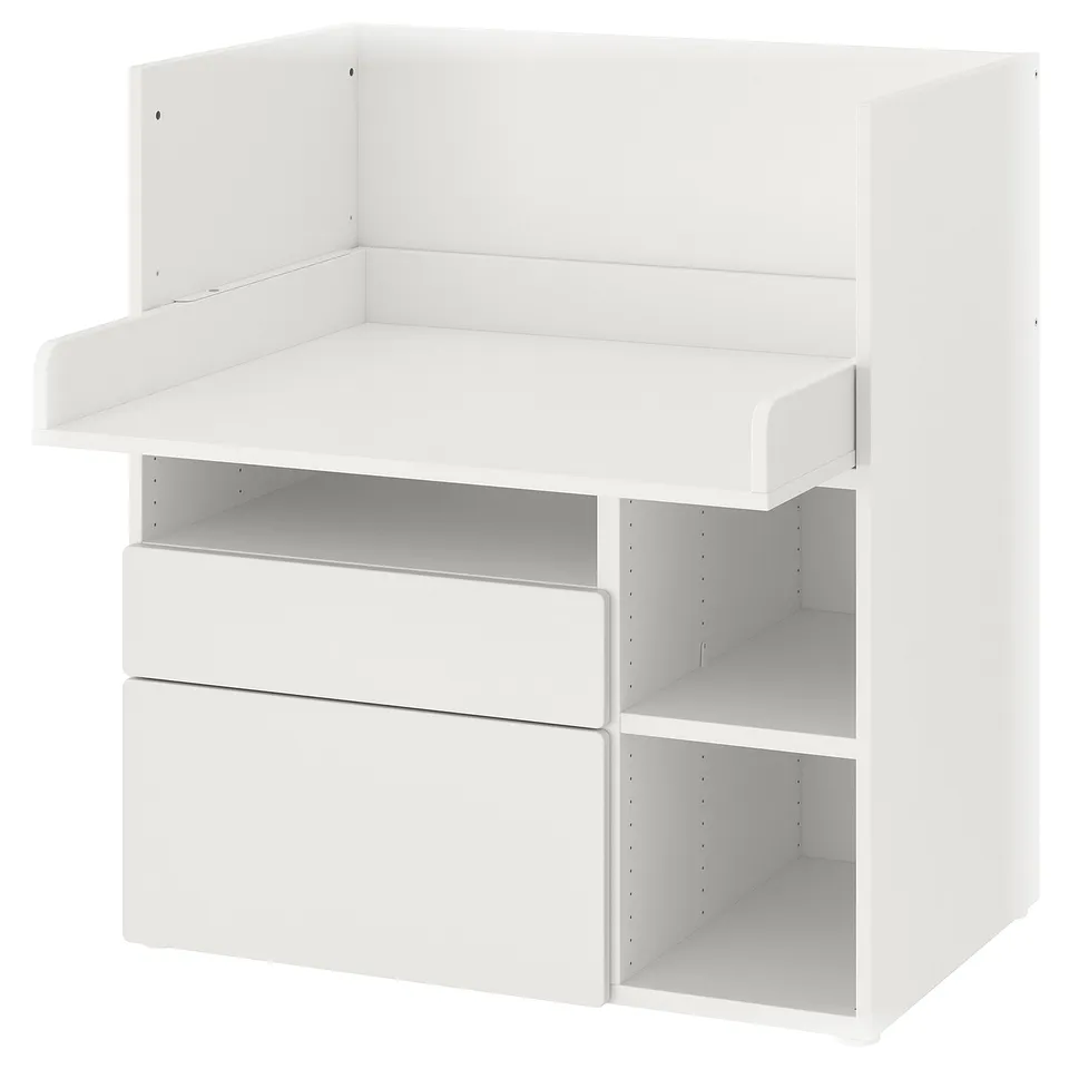 White, modular kids desk by SMÅSTAD, drawers, and shelves, designed for play and storage.