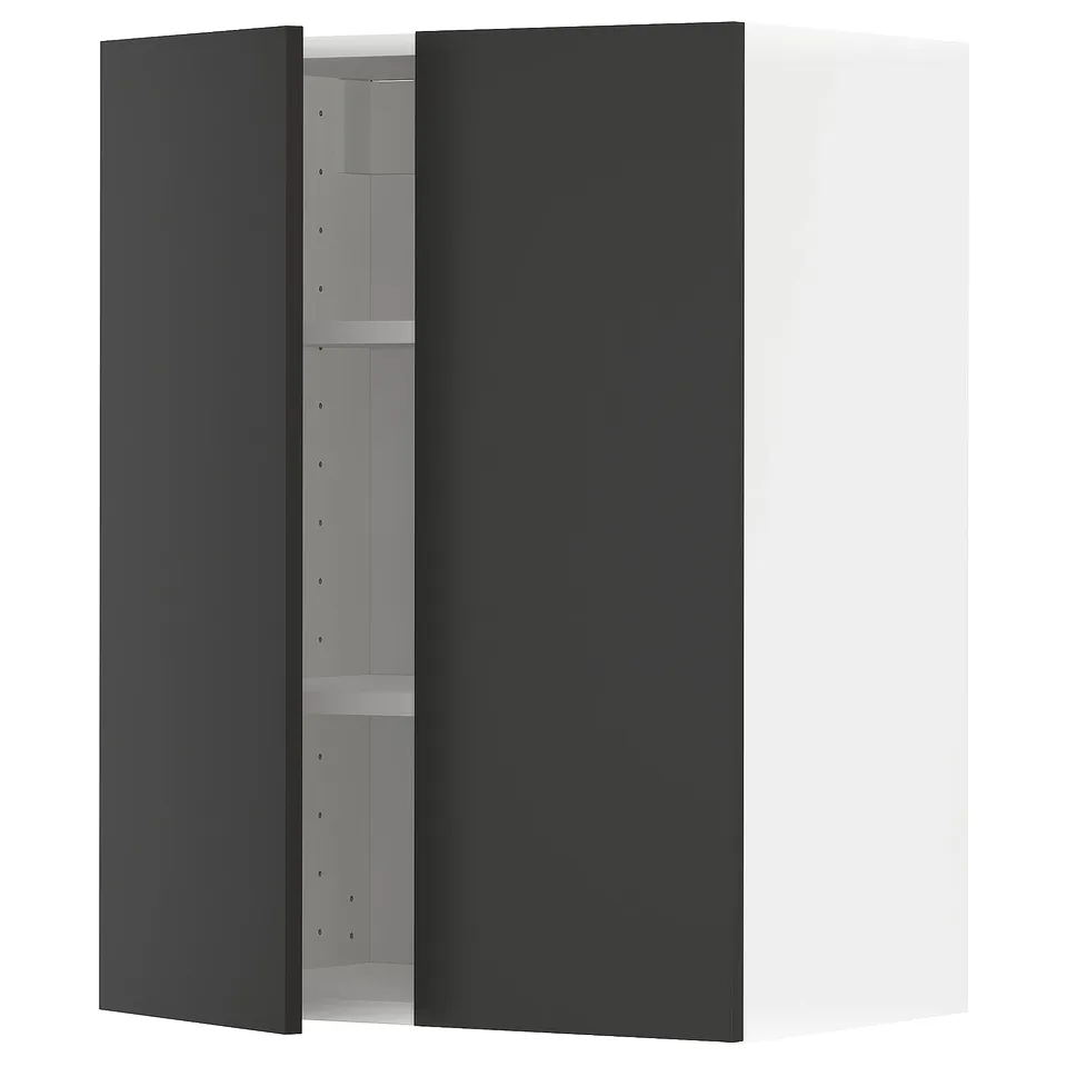 Modern kitchen unit: METOD in black with matt finish, rectangular shape, two doors, adjustable shelves.
