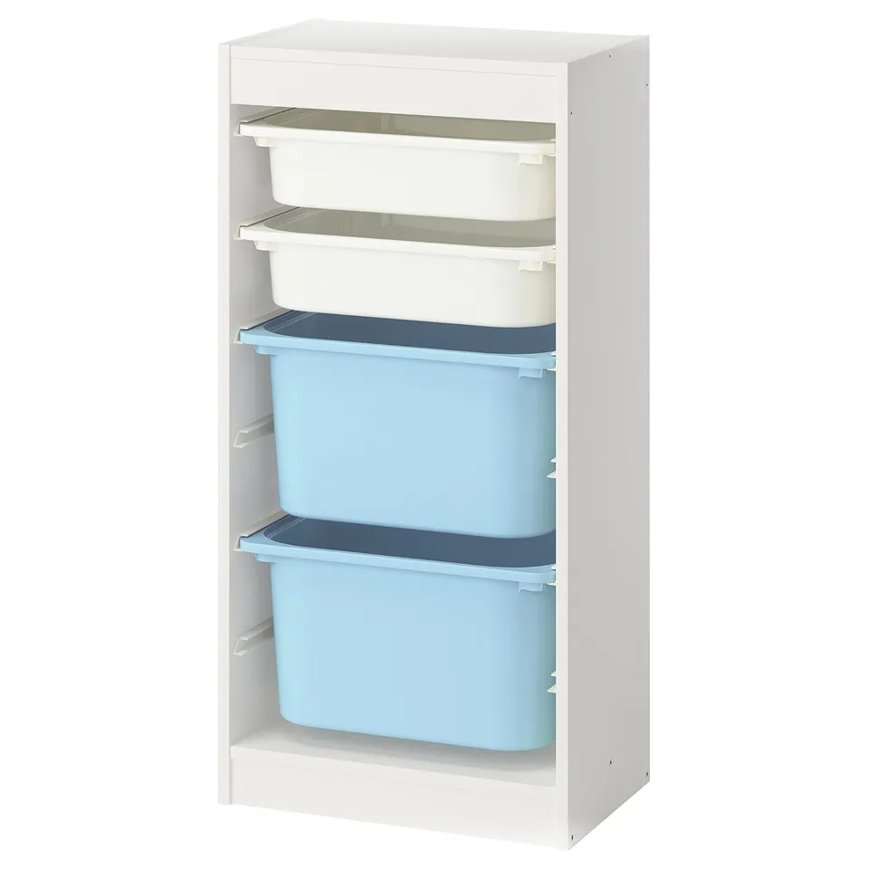TROFAST toy storage with blue/clear bins. Or, even shorter: TROFAST toy storage.