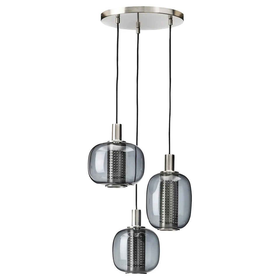 HÖGVIND pendant lamp: 3 smoked glass shades with metal interiors, mood lighting, nickel-plated steel ceiling cup.