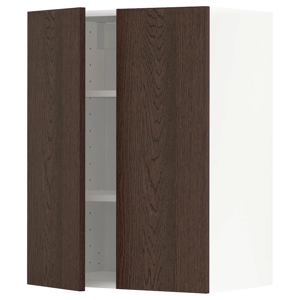 METOD kitchen cabinet with dark brown wood grain fronts, 2 shelves, sturdy construction, reversible door.