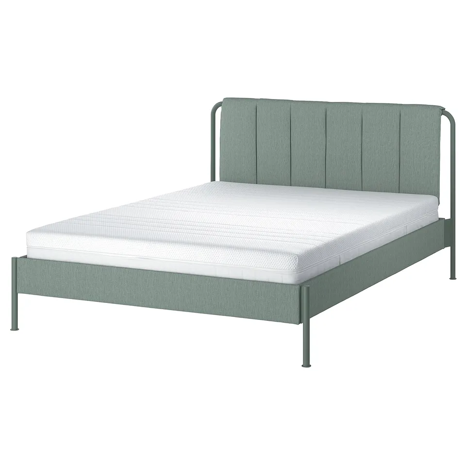 Modern TÄLLÅSEN bed in grey-green with metal frame, upholstered headboard, and clean lines.