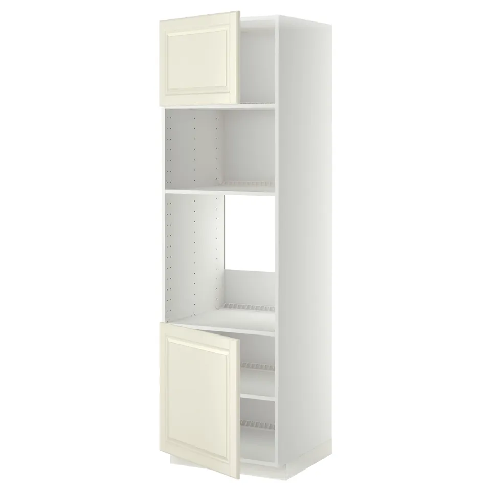 A white METOD kitchen cabinet with off-white bodbyn doors, featuring adjustable shelves and a 25-year guarantee.