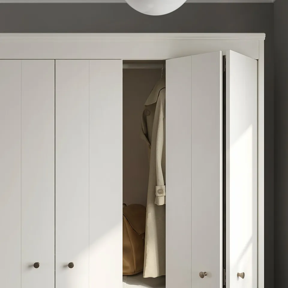 White wardrobe, IDANÄS model, with beige coat hanging open. Modern, clean design with bifold doors and adjustable shelves.