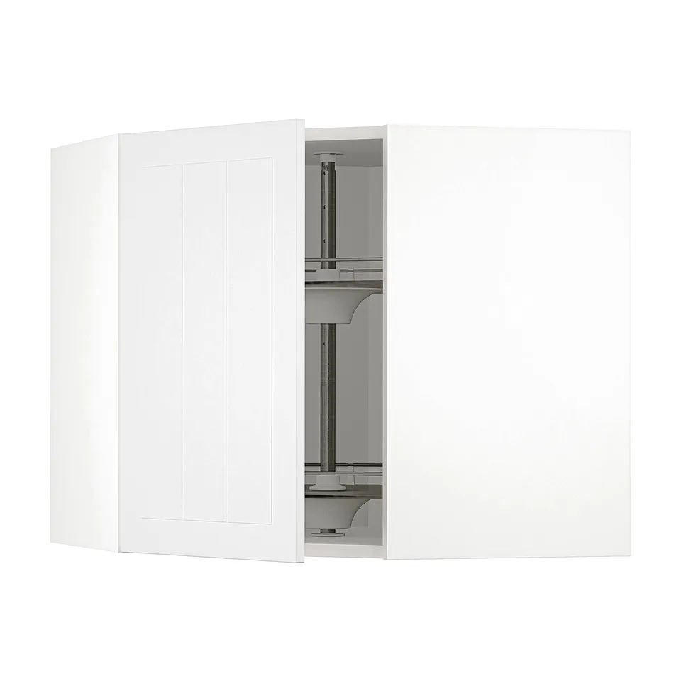 White METOD kitchen cabinet, adjustable shelf, tempered glass carousel, stylish and modern design.