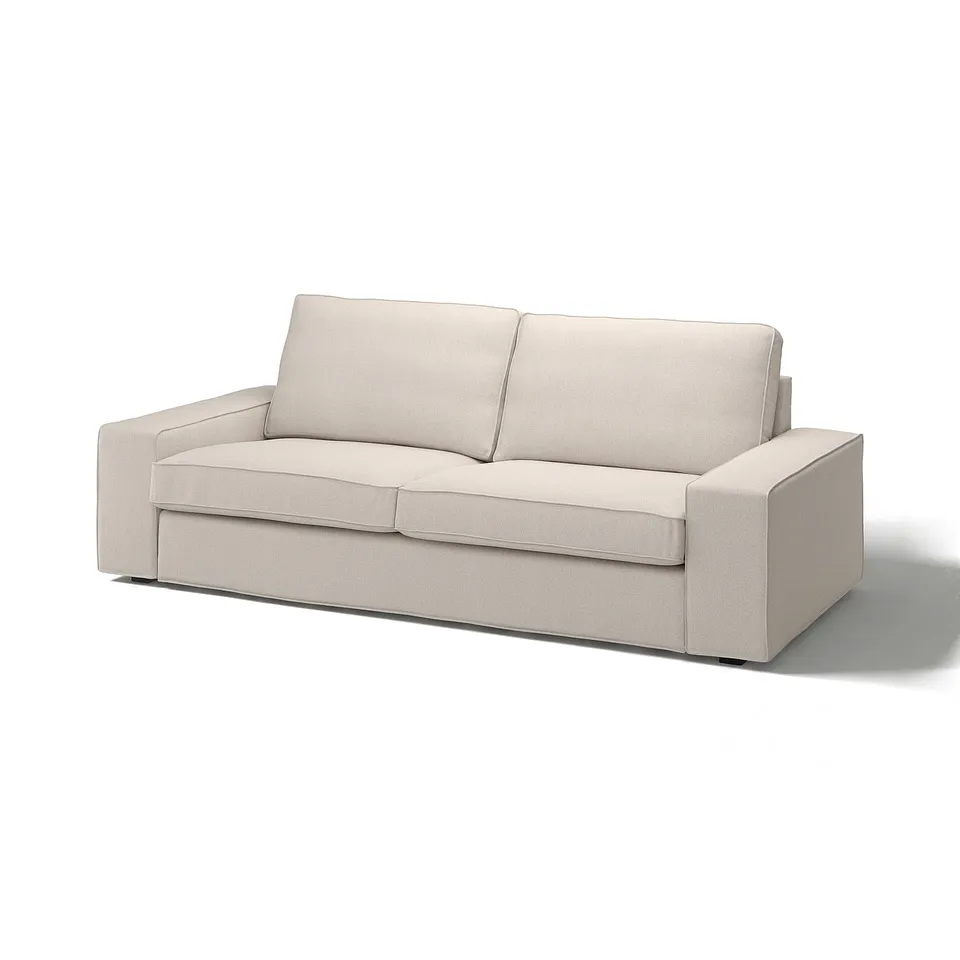 A beige KIVIK sofa with a minimalist design, covered in a soft, eco-friendly fabric.