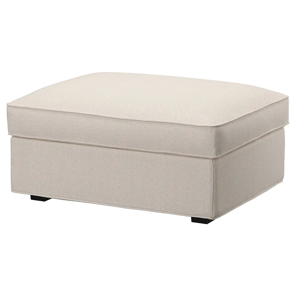 Beige KIVIK footstool with storage, recycled fabric, tapered legs, plush top.